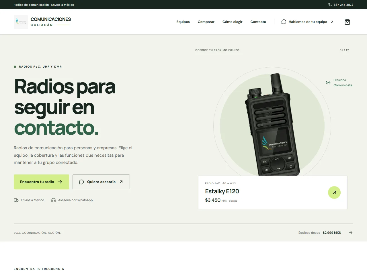 Comunicaciones Culiacán homepage: two-way radios to stay in touch, featuring an Estalky E120 radio and its price