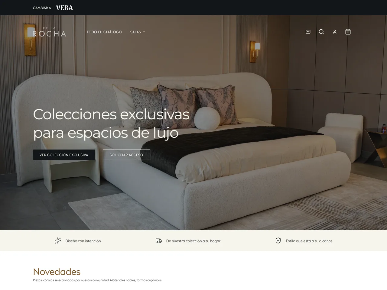 Portada del catálogo De La Rocha: «Colecciones exclusivas para espacios de lujo» sobre una recámara con cama tapizada, botones para ver la colección y solicitar acceso, y el cambio a Vera Home en la barra superior