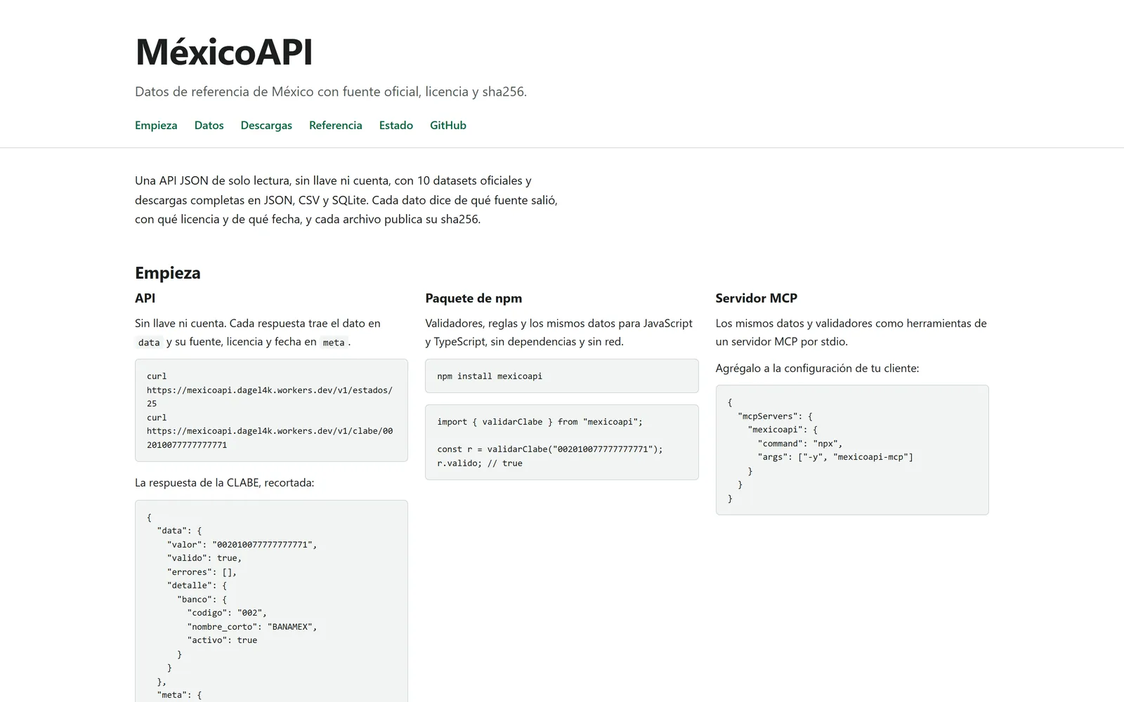Página de inicio de MéxicoAPI: datos de referencia de México con fuente oficial, licencia y sha256, y ejemplos para empezar con la API, el paquete de npm y el servidor MCP