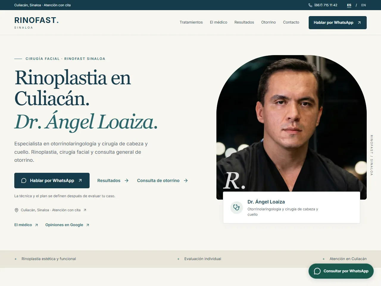 Rinofast Sinaloa homepage: rhinoplasty in Culiacán with Dr. Ángel Loaiza and a WhatsApp contact button