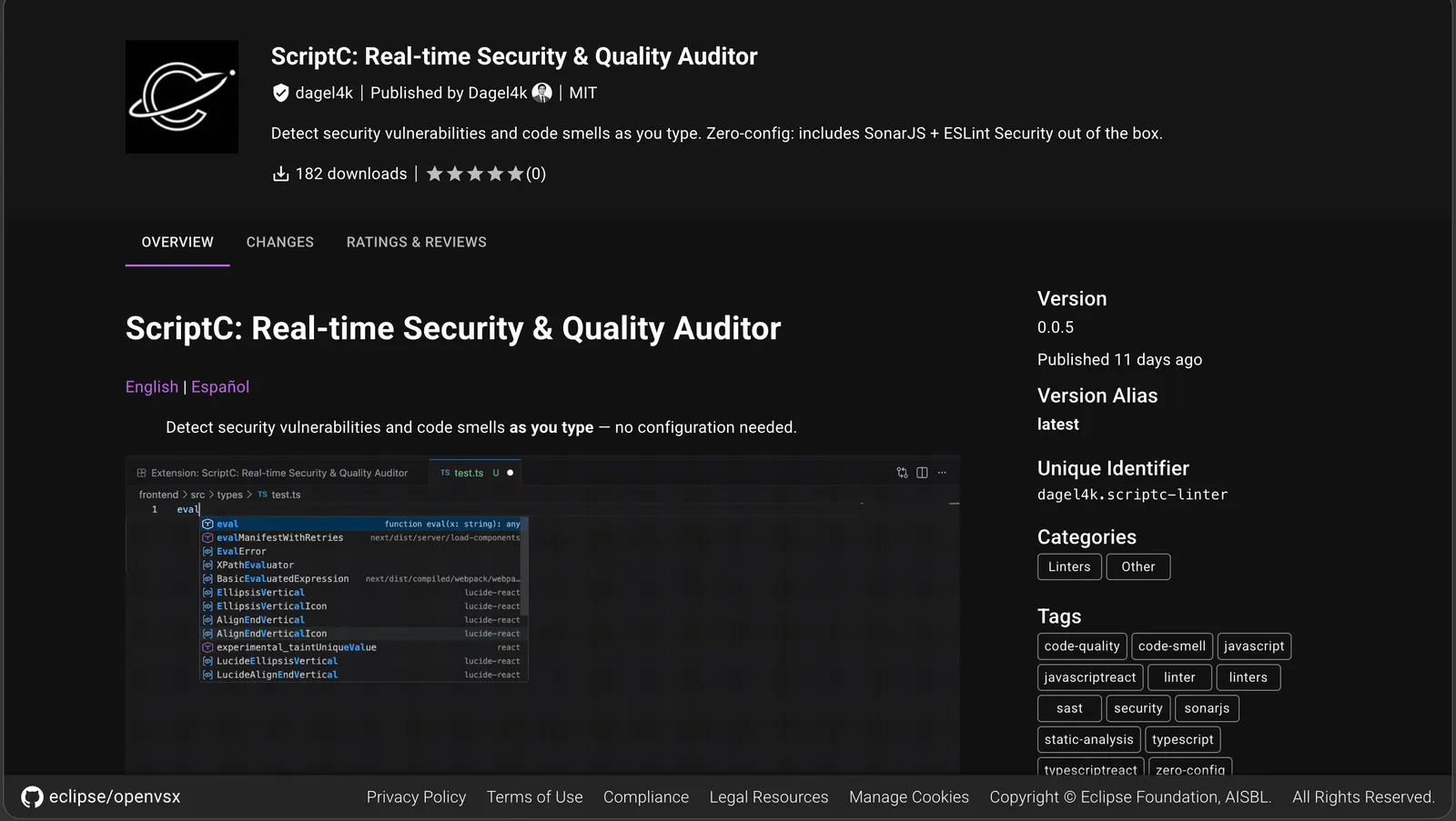 ScriptC page on Open VSX showing the extension description, version 0.0.5 and MIT license